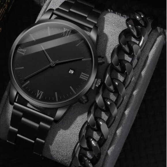 2pcs/set Fashionable Business Style Stainless Steel Quartz Watch With Bracelet
